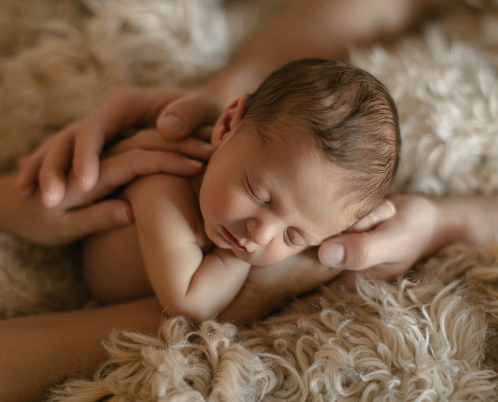 newborn baby with family's hands all around it during a newborn session