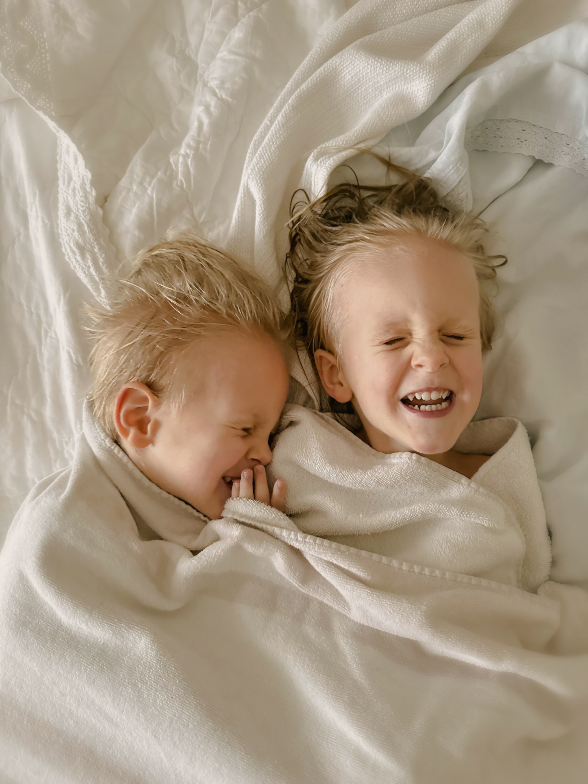 Twins laughing in bed during West Michigan in-home photo session with Alissa Saylor